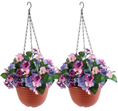 Coopers of Stortford - Faux Pansy Hanging Basket, Pack Two - Year-Round Flower with No Watering or Maintenance Weather-Resistant Terracotta-Look Flower Pots
