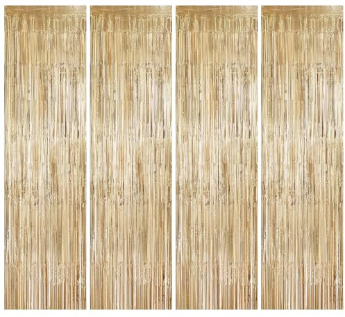 Jinsion 4 Stück Lametta Vorhänge,1m x 2m Glitzer Party Vorhang,Folie Fransen Lametta Vorhang,Metallische Glitzervorhang Fringe,Glitzer Vorhäng für Geburtstage Hochzeit Party (Champagner Gold)
