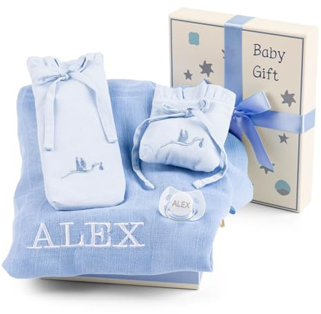 Geschenk für Neugeborene Jungen und Mädchen mit Musselintuch, Schnuller und Etui, ideales Körbchen für praktische Details, personalisiertes Körbchen (Blau)
