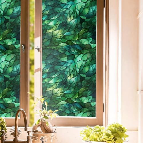 Dark Green Leaf Geometric Mosaic Stained Glass Window Films Decorative Double-Side Privacy Film Self-Adhesive Static Clings for Living Room Bathroom Glass Windows Decor