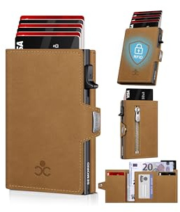 Geldbörse Herren, Portmonee Herren mit Münzfach & RFID Schutz, Slim Wallet Pop-up Kartenetui Herrens, Geldbeutel Herrens für 9-11 Karten ID-Fenster Geldscheinfach Smart Wallet for Men (Kamelbraun)