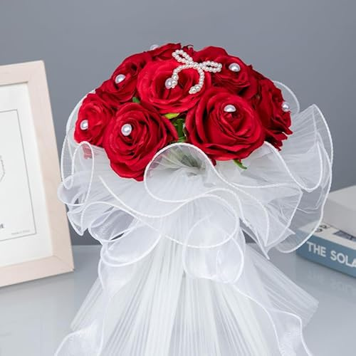 JinweiS Bouquet da sposa per sposa, bouquet da sposa in seta rossa, rosa champagne, fiori artificiali per matrimonio, casa chiesa, proposta, decorazione scenica