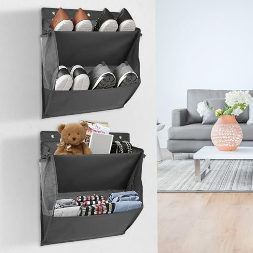 PCXWTLN 2 Stück Schuhregal Wandmontage, Schuhregal Wand mit Haken, Schuhorganizer Hängend Schwarz Schuhhalter Wand mit Großen,Tiefen Taschen für Schlafsaal Home Wohnmobil Schlafzimmer (grau)