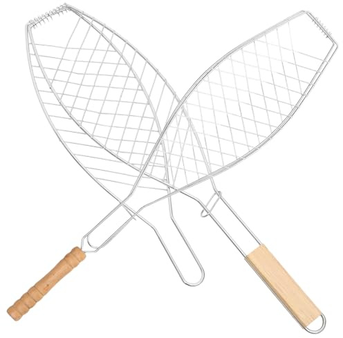 TOYZFRIENDY 2 piezas Cesta Parrilla Barbacoa de Hierro para Pescado con Mango de Madera Resistente y Duradera Diseño Grueso y Fino para Exterior Herramienta Versátil para Barbacoa al Aire