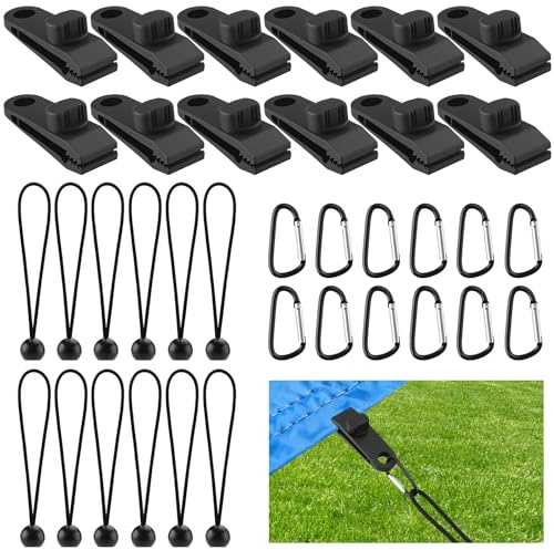 12 Planen-Klemmhaken, 12 Spanngummi mit Haken & 12 Karabiner - Universal-Set für Zelt, Tarps, Camping, Picknick und Outdoor-Abenteuer