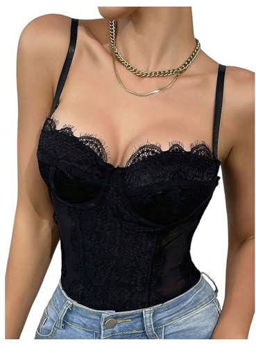 SweatyRocks Women's Lace Corset Shapewear Bodysuits Backless Sleeveless Thong Bodysuit Shirt Tops Black Medium