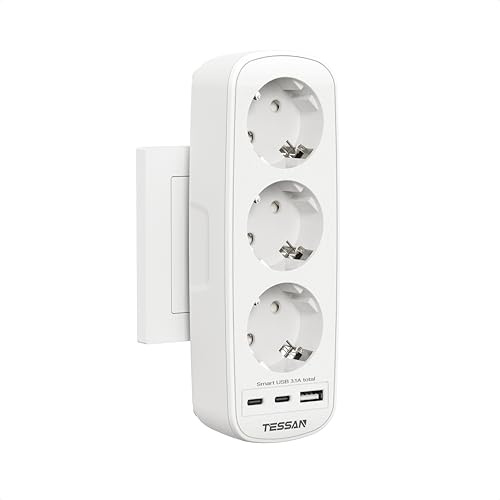TESSAN 6 en 1 Ladron Enchufes Plano con USB C, 6 en 1 Enchufe Multiples, Ladrón Enchufe con 3 Tomas Schuko y 3 USB, Ladrones para Enchufes 16A 3600W, Regleta Pared para Hogar, Oficina, Cocina