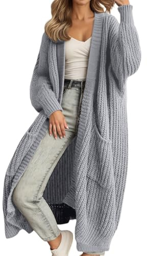 Generisch stickad kofta dam lång grovstickad cardigan överstorlek vinter stickade koftor elegant långstickad kofta med fickor öppen front tröja stickad kofta lång dam, XL