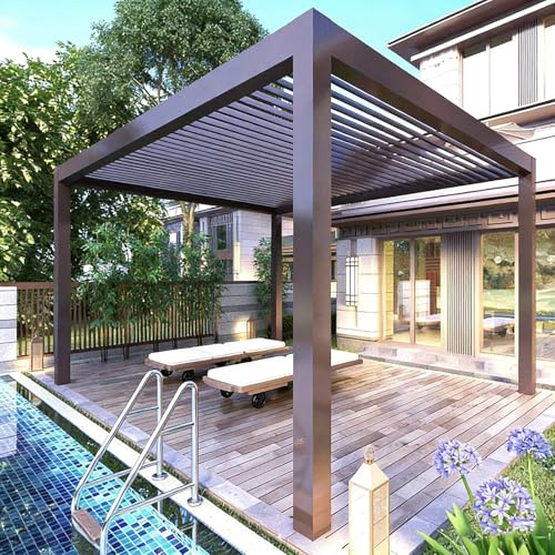 Pergola Pavillon Überdachung für Garten&Terrasse mit Lamellen Dach verstellbar stabil&wetterfest Voll-Aluminium Grillpavillon-Pergola Lamellen-Pavillon wasserdicht (Braun, 3X3M)