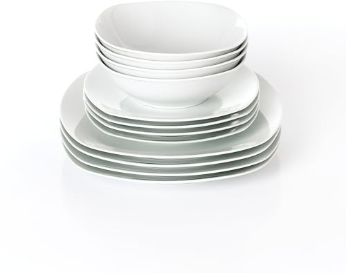 Waterside 12pc White Square Porcelain Dinner Set, 4 x 26.8cm Dinner Plates, 4 x 20cm Side Plates & 4 x 17.8cm Deep Bowls - Dishwasher & Microwave Safe