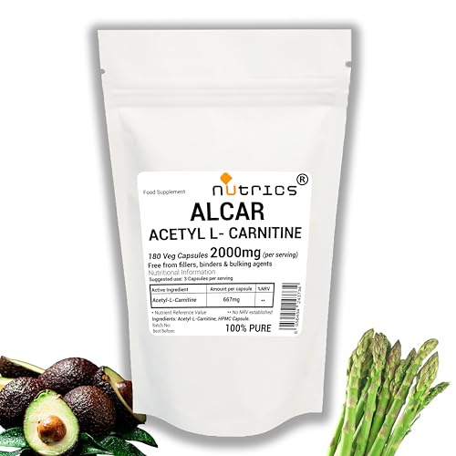 Nutrics® 2000mg Acetyl L CARNITINE ALCAR 60 Veg Capsules - 100% Pure, No fillers, Binders or Bulking Agents - Vegetarian (60)