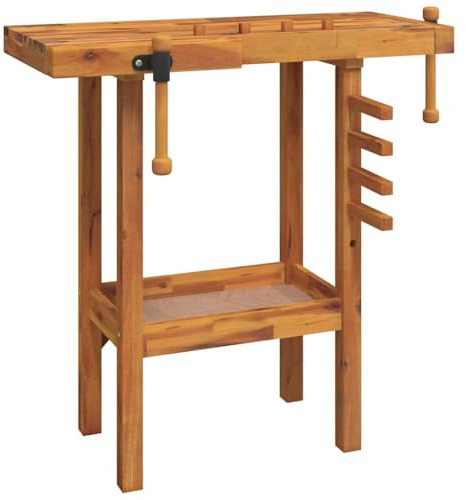 Banco da lavoro con viti in legno di acacia massiccio, 92 x 48 x 83 cm, tavolo da lavoro stabile con ripiano e fori guida per officina, garage, sala hobby, fai da te e montaggio