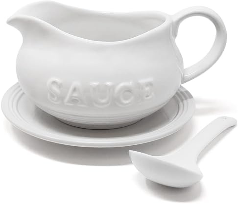24 Oz Gravy Boat, Tray and Ladle | Ceramic White Gravy Dish With The Word Sauce On It