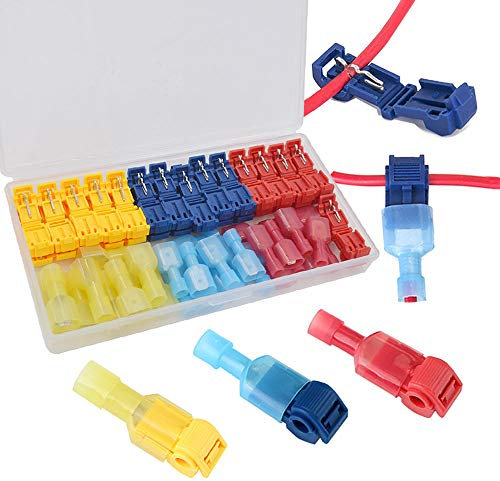 QitinDasen 60Pcs (30 Pairs) Premium T-Tap Wire Terminals Kit, T-Tap Self-Stripping Wire Connectors with Nylon Fully Insulated Male Quick Disconnect (Red 20Pcs, Blue 20Pcs, Yellow 20Pcs)