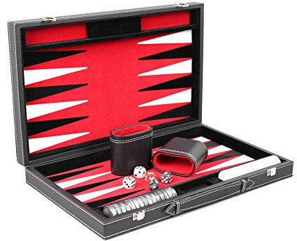 Backgammon-Set aus Leder, schwarz und eingelegt, königsrot, faltbar, traditionell, für Erwachsene, Kinder, Familie, Reise, Backgammon, Spielset, Aktentasche, Spielset, Doppelwürfel, 45,7 cm