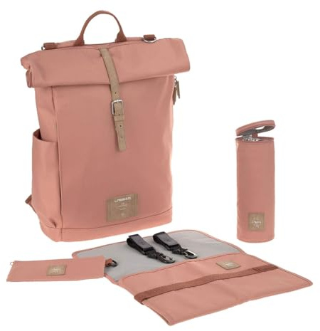 LÄSSIG Bébé Sac à dos à langer Sac à dos avec matelas à langer, fixation pour poussette, porte-bouteille produit durablement/GRE Rolltop Backpack cinnamon