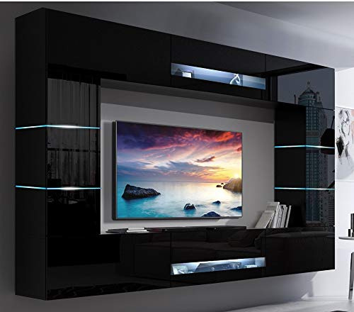 Furnitech Ensemble Meuble TV Mural Suspendu Salon – Meuble Salon Design Moderne avec colonnes, vitrines et rangements – Mobilier avec éclairage LED Bleu – (Future 63/HG/B/1 1A | 257cm)