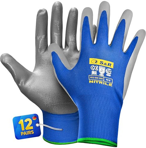 S&R 12 Paia Guanti da Lavoro Uomo in Nitrile resistente M/8. Guanti Edilizia Meccanico Giardinaggio Bricolage. Antiscivolo e antiabrasione.