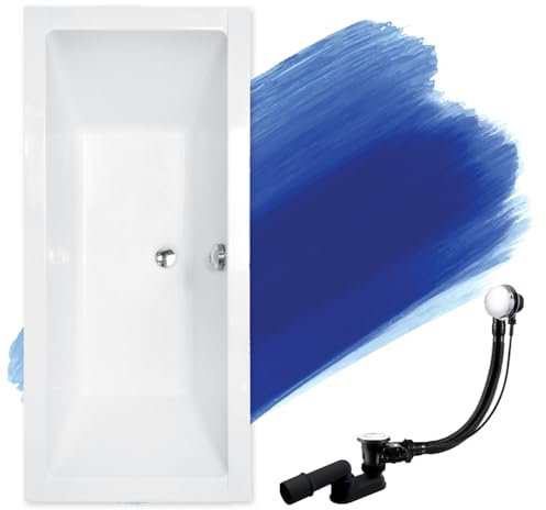 BADLAND Badewanne Original Weiß Acryl Wanne Rechteck QUADRO SLIM 180x80 KOMPLETTSET SET + Füßen und Exklusive Chrom Automatik Ablaufgarnitur Made in EU 3in1