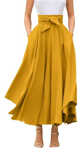 chouyatou Women's Elegant High Waisted Side Slit Irregular Bohemian Maxi Skirt with Pockets (Small, Yellow)