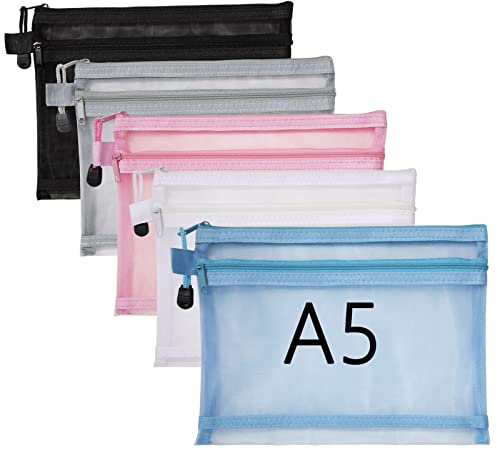 5 Piezas Bolsas de Documentos A5 de Doble Capa Bolsa de Archivo de Cremallera Carpetas de Archivos de Malla Transparente para Oficina, Escuela, Hogar, Accesorios de Viaje (5 Colores)