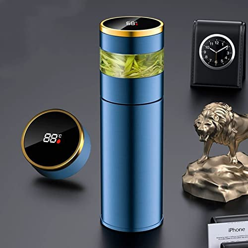 Bottiglia per infusore da tè, thermos da caffè, Smart Sports Water Bottle con display LED di temperatura, doppia parete isolata sottovuoto – Tazza da tè da viaggio con filtro in acciaio inox (blu)