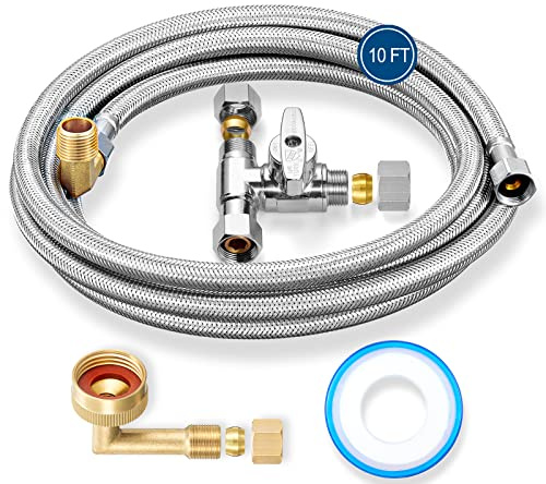 Dishwasher Installation Kit - 10 FT Stainless Steel Braided Dishwasher Hose kit,Food Grade PEX Inner Tube Water Line with 3/8x 3/8x 3/8 Tee Stop Valve,3/8x 3/8MIP Elbow,3/8x 3/4FHT Elbow