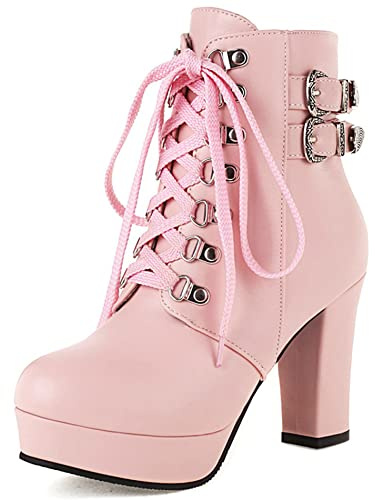 Lroey Reoly Bottines À Talon Bloc Femme, Bottes de Fête Mode Zip Bottes Courtes Talons Hauts Bout Rond avec Plateforme 543 Rose Taille 47 EU