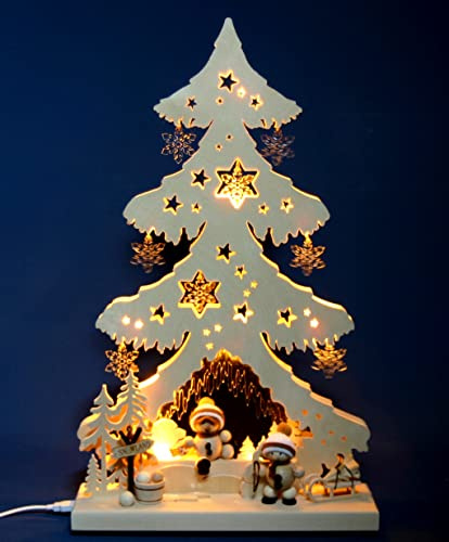 3D Schwibbogen Schneemann LED Tanne, 51cm x 31cm - Handarbeit aus dem Erzgebirge