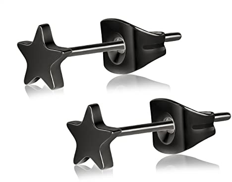 Pendientes de estrella de titanio hipoalergénico sin níquel para pieles sensibles Pendientes planos pequeños para adolescentes y mujeres (Star-Black)