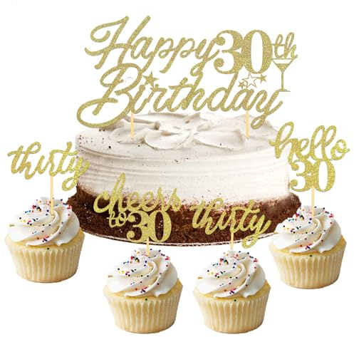 13 Stück Glitzer 30. Geburtstag Cupcake Topper Geburtstagsdeko, Tortendeko 30 geburtstag frau für 30 Geburtstagsfeier Zubehör Party Dekoration Kuchendekoration (Gold)