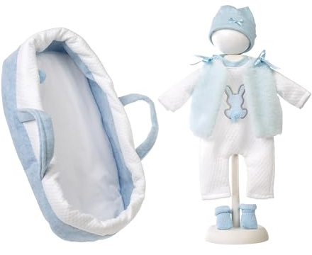 Llorens 1074011 Accesorios para muñecas de 42 cm, Bolsa de Transporte Azul con Juego de Ropa, Peleles, Gorro y Calcetines con diseño de Conejo, Ropa para muñecas