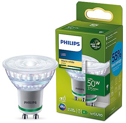 Philips LED Classic ultraeffiziente GU10 Lampe (50 W), LED Spot mit warmweißem Licht, energiesparende Lampe mit langer Nutzlebensdauer, Energieeffizienzklasse A