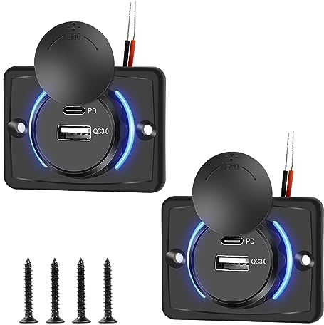 Dual USB Auto Ladegerät Steckdose, QC3.0 & PD USB-C KFZ-Ladegerät 12V-24V Quick Charge Dose Buchse Wasserdicht, Ladebuchse Panel für Marine, Auto, Motorrad, Wohnmobil, Boot (2 Stück)