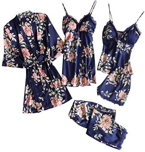 5 Pièces Femme Sexy Chic Ensemble De Vêtements De Nuit en Satin Nuisette Dentelle Cami Chemise De Pyjama, Feminin Sensuelle Peignoir de Soie Chemisette De Nuit Ensemble De Lingerie