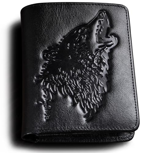 skneephate Geldbörse Herren Leder Mit Münzfach,Retro Wolf Geldbeutel,Hochformat Geldtasche,Wallet for Men,Portmonee RFID-Schutz,Geschenke Für Ihn (Black)