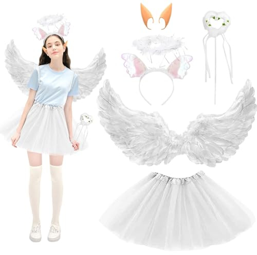 Disfraz de alas de ángel blanco,con Alas de Angel,Halo blanco,Varilla de ángel,Orejas de elfo,Falda de tul blanca,Alas de ángel para niños y mujeres,Disfraz Accesorios para Carnaval Cosplay Fiesta | Accesorios con Alas de Angel,Halo blanco,Varilla deángel,Orejas de elfo,Falda de tul blanca,Alasángel para niños y mujeres