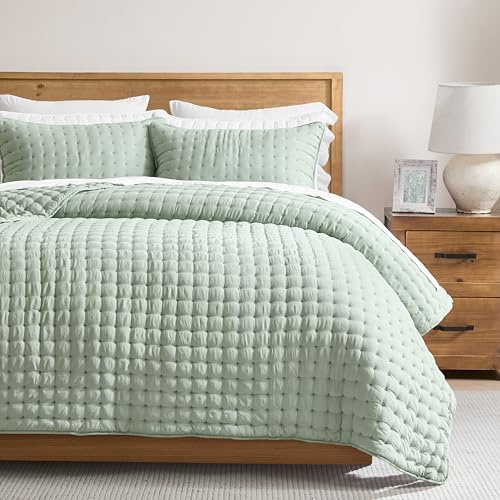 WDCOZY Set med täcke och 2 örngott, extra stort, lätt och mjukt quiltat täcke/överkast, för alla årstider, 3 delar, 295 x 269 cm, California King Size, ljusgrön (Sage Green)