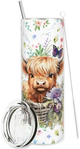 Whaline Highland Cow Tumbler with Lid and Straw Watercolor Cow Flower Butterfly Stainless Steel Cup Cute Tumbler Cup Travel Coffee Mug for Daily Holiday Decor Gift Supplies
