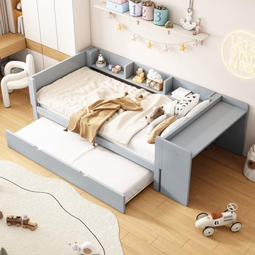 Merax Schlafsofa Polsterbett 90 x 200 cm, Ausziehbett mit Rollen, mit Schreibtisch, DREI Regale an der Seite des Bettes, Gästebett für Jugendliche und Kinder, Ohne Matratze, Grau