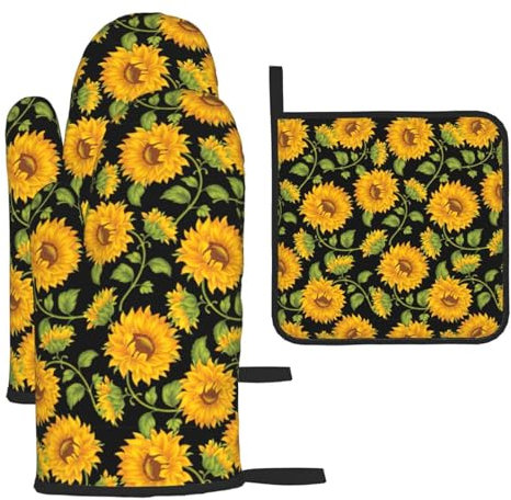 Set di guanti da forno con stampa a girasole, set di presine e presine, per la primavera/estate, per cucinare e barbecue