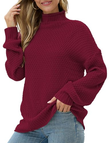 Anelune Women's Turtleneck Sweaters Oversized Lightweight Long Sleeve Pullover Loose Chunky Wine Red Knit Jumper Tops Wine Red M