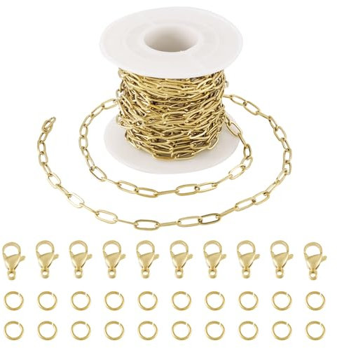 Pandahall 16.4 Ft 18K Gold Plated Paperclip Chains Stainless Steel Chains 9.7x4.2x1mm Gold Link Chains Kits with Lobster Clasps Jump Rings for DIY Bracelet Necklace Jewelry Making