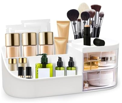 Anshri Make Up Organiser Cosmetic Storage Box with Drawers Dressing Table Organiser Makeup Box Beauty Organiser Large Makeup Box for Nail Polish Lipstick White