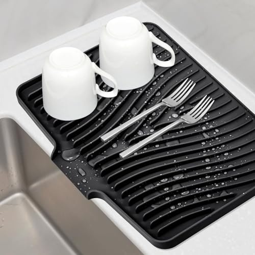 Silikon Abtropfmatte Küche,Geschirrabtropfmatte für Spüle, Rutschfeste Hitzebeständige Abtropffläche mit Rillenstruktur,Spülmatte Trockenmatte für Geschirr und Besteck, Abtropfschale(40x33cm Schwarz)