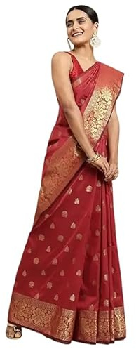 IMTRA FASHION Traditioneller Sari Für Damen Indischer Banarasi-Jacquard-Sari Im Kanjivaram-Stil Mit Ungenähtem Blusenteil- Rot