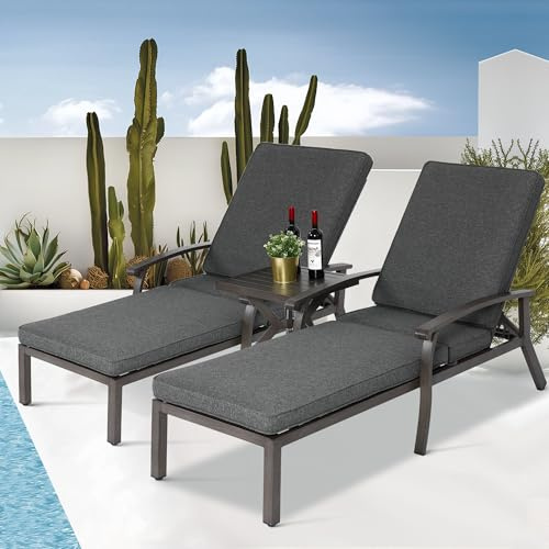 Villeston Sonnenliege 3 Set, Gartenliege Wetterfest mit Auflage, Oversize Liegestuhl 2 Personen, 1 Terrassentisch, 5-stufig Verstellbarer Rückenlehne, mit Rädern für Terrasse und Poolbereich, Grau