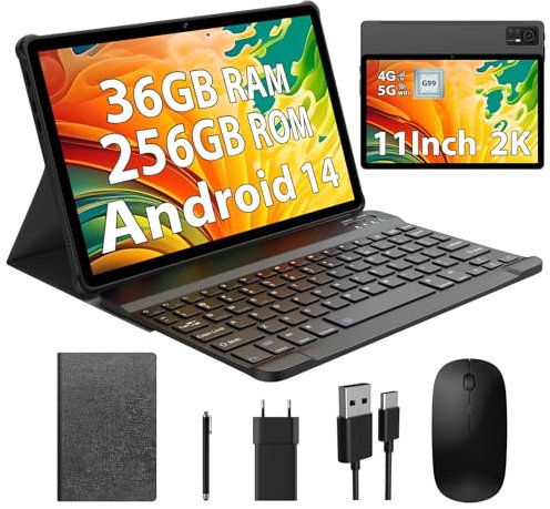 BEYNIVAN Tablette 11 Pouces Android 15 tablettes tactiles Con 4G LTE /5G WiFi, 36GB RAM+256GB ROM,9580mAh,Face ID,TÜV,GMS,GPS,BT5,Tablette avec Clavier détachable,Noir