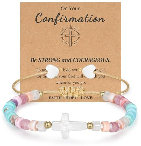 Bsoepnr First Holy Communion Baptism Gifts for Girls, Cross Beads Bracelet Christening Communion Confirmation Gifts for Girls Goddaughter Teens Christmas Birthday Appreciation (confirmation)