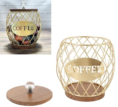 Miskall Support De Gousse De Café, Panier De Rangement À Café En Forme De Fruit, Avec Couvercle Et Base En Bois Massif (Or)